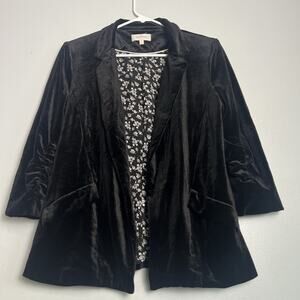 Skies Are Blue Womens Black Velvet Open Front Blazer Sz M Floral Lined Office